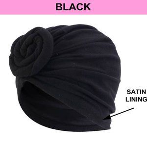 BLACK Turban Satin Lined Turbans Pre-Tied Knotted Chemo Head Wraps Beanie Gift